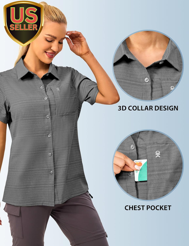 Women'S UV Breathable Striped Shirt, Short Sleeve Button down for Shirt Travel H - Picture 2 of 7