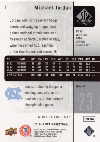 MICHAEL JORDAN 2011-12 SP AUTHENTIC CARD 1 NORTH CAROLINA BULLS - Picture 2 of 2