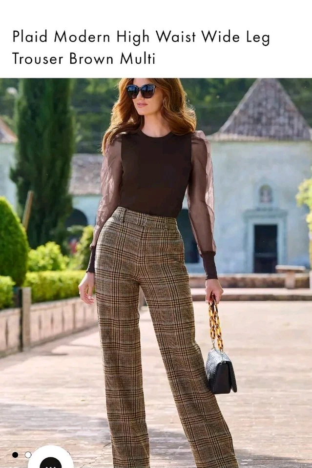 BOSTON PROPER  Size 6 Brown Plaid Wool Blend Wide Leg 28x32 Hi-Waist NWT $79 - Image 2 of 4