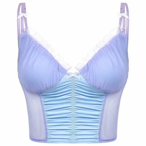 Women's Crop Top Ruched Camisole Corset Lace Trimming Mesh Patchwork Tank Top - Bild 9 von 23