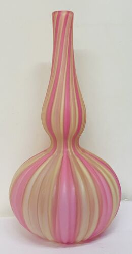 Antike Stourbridge rosa & gelb CANDY STRIPE Kunstglas Kürbis Vase - SCHÖN!