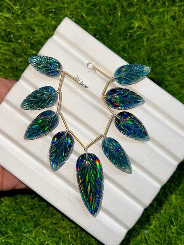 Natural Black Flashy Rainbow Carved Leaf Elongated Pear Gemstone, 20-35mm, 9 Pcs - Picture 2 of 4