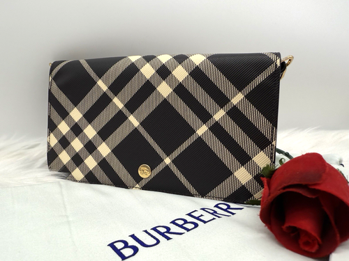 AUTÉNTICO NUEVO CON ETIQUETAS $1090 Cartera Burberry Cuadros Recubierta Sarga Cadena Dorada Correa-NEGRO/Calicó - Imagen 22 de 23