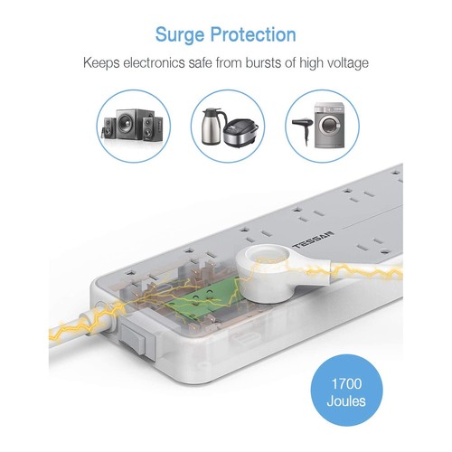 TESSAN Power Strip with Surge Protector, 12AC Outlets, and 3 USB Ports(Open Box) - Zdjęcie 2 z 7