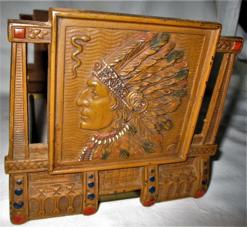 ANTIQUE USA JUDD NATIVE AMERICAN INDIAN BOOKENDS BOOKRACK CAST IRON RACK SLIDE - Picture 4 of 10