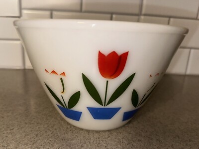 Vintage Fire King Tulips White Milk Glass 7.5” Mixing Bowl RARE