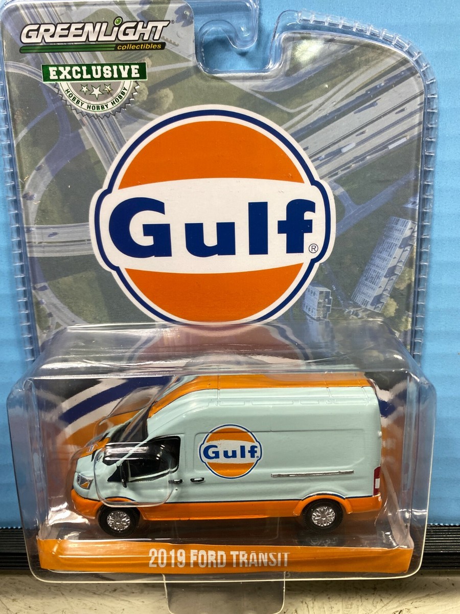 1/64 GREENLIGHT ROUTE RUNNERS GULF OIL 2019 FORD TRANSIT VAN BLUE
