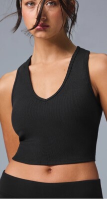 ALO Goddess Ribbed Cropped Racerback Tank Cosmic Black Women's