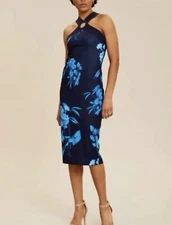 Ted Baker London Cosiima Fantasia Halter Ring Bodycon Dress Navy Blue 4/ 10 C6