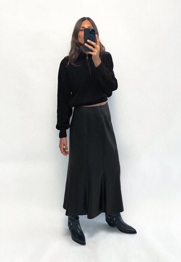 ZARA WOMAN FAUX LEATHER MIDI SKIRT BLACK SIZE MEDIUM NWT 3046 297
