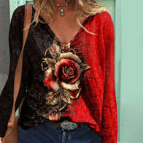 Womens Rose Gothic Tops Summer T Shirts Long Sleeve Ladies Casual Loose Blouse - Bild 3 von 14