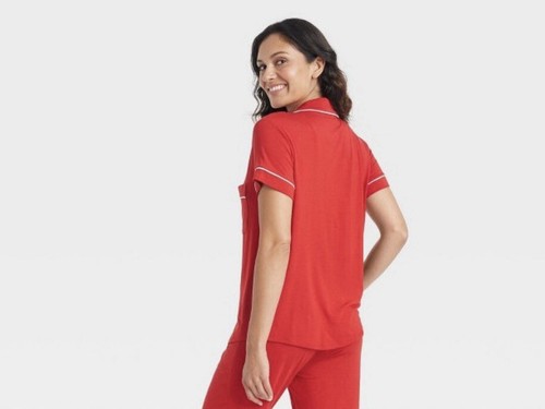 NWT Women's Auden Size Small Red Button Up Short Sleeve Collared Pajama Top - Picture 3 of 7