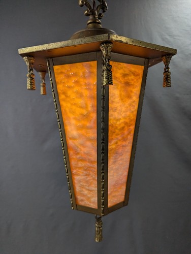 Antike 6 Panel Schlacke Glas hängende Swag Leuchte Kronleuchter Lampe 12' Kordel funktioniert - Bild 3 von 11