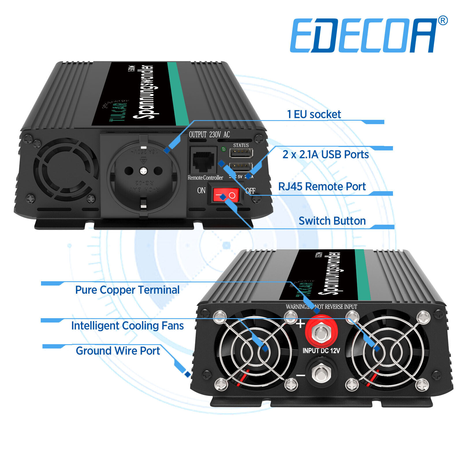 Spannungswandler USV 12V 1500-3000 Watt mit DIP-Schalter und integr. 15A  Laderegler