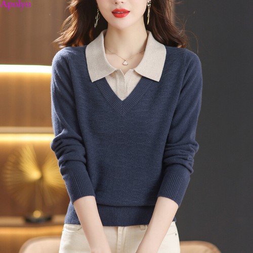 Otoño Coreano Mujeres Bloques de Colores Invierno Informal Tejido Prendas para el torso Blusa Pullover Suéter - Imagen 16 de 21
