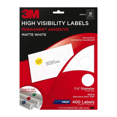 3M Matte White High Visibility Labels 1-1/2 Dia. Permanent Inkjet  400Pk 4200-M - Picture 1 of 2