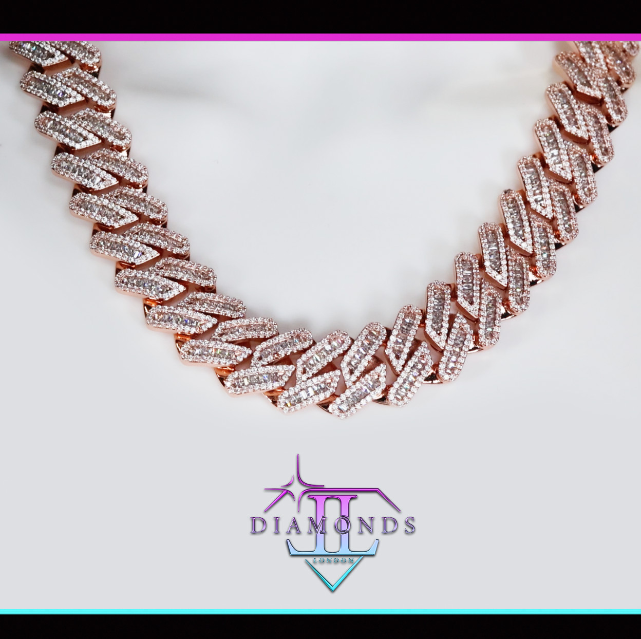 Cadena helada de oro rosa, cadena de eslabones cubanos, cadena de hip hop, cadena de diamantes simulados