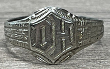 Antique c1910s 10k Solid White Gold Monogrammed DH Baby Child Infant Ring SZ 0