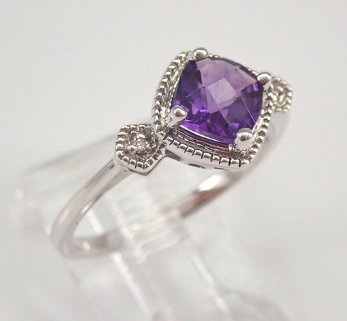 White Gold Diamond and Cushion Cut Amethyst Engagement Ring Size 7 February Gem - Picture 2 of 4