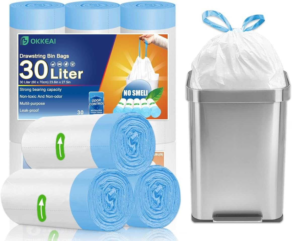 Drawstring Bin Bags 30L Bin Liners White Kitchen Trash Bags Tie