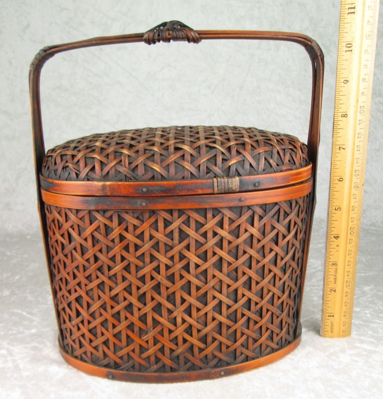 Japanese Rattan Bamboo Wedding Basket Lid Storage 11 inches Tall 9-1/4 inch Long