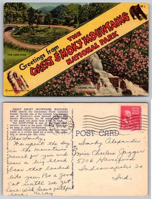 Greetings Great Smoky Mountains National Park Linen Postcard Loop-Over W-1