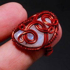Rainbow Moonstone Gemstone Handmade Wire Wrap Copper Jewelry Ring 6.25" PG 721