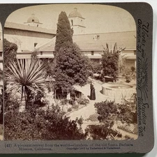 A Pleasant Retreat from World Gardens Old Santa Barbara Mission, Ca. Stereoview