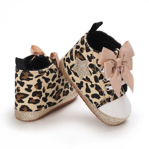 Tenis para niñas pequeñas - Lindos zapatos con estampado de leopardo y encaje con moño, suela suave - Imagen 3 de 14