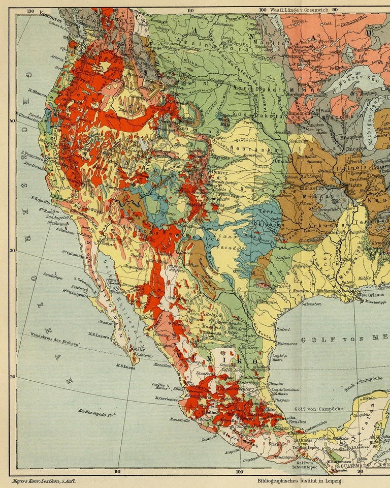 Antique Map-A geological view of USA and Mexico-Meyers-1895 - Image 3 of 4