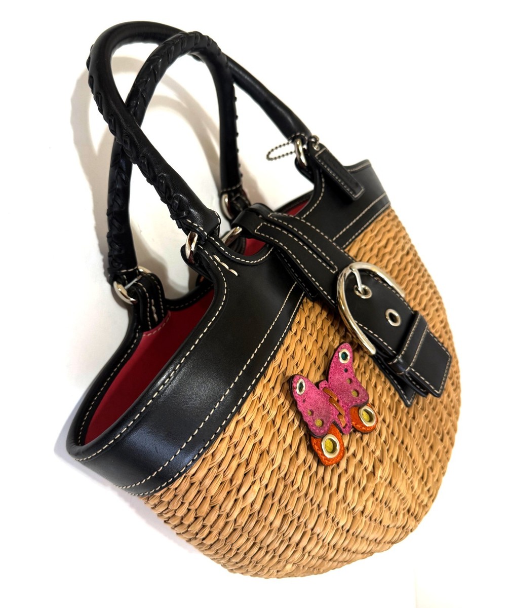 NICE COACH Y2K NATURAL STRAW SUEDE BUTTERFLY APPLIQUE BASKET TOTE