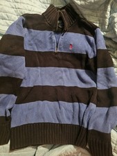 Boys RALPH LAUREN BLUE STRIPE 1/4 ZIP COTTON SWEATER 12/14 M