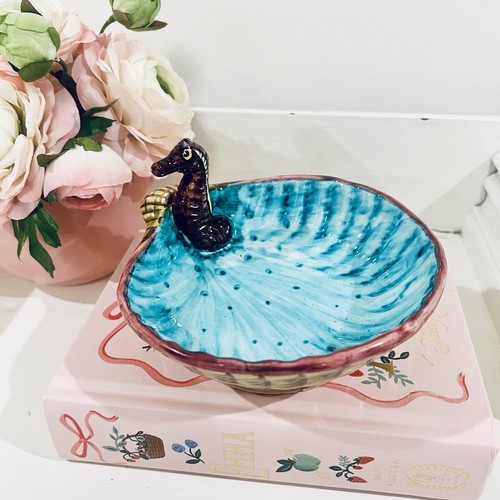 Vtg Majolica Seahorse Italian Ceramic Trinket Dish Bowl Seashell Made In Italy - Picture 2 of 7
