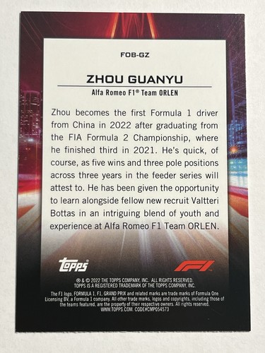 Zhou Guanyu #FOB-GZ Flash of Brilliance 2022 Topps F1 Racing Rookie Alfa Romeo - Picture 2 of 2