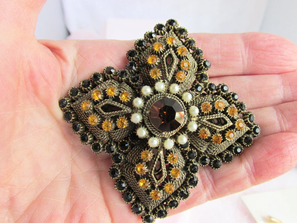 复古 Hobe' 棕色琥珀水钻 3 英寸胸针胸针金盘人造珍珠签名 — 第 2/4 张图片