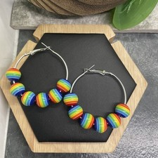 1.5  Silver-tone Earring Set Rainbow Bead Hoop Drop Dangle New Free Ship B6167