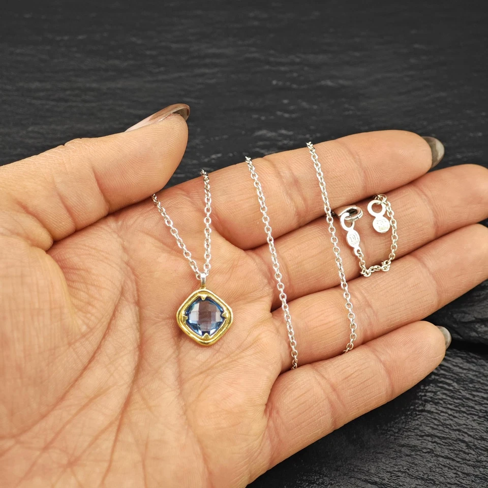Ожерелье из чистого серебра с гурханским золотым голубым топазом регулируемое 16,5–18 дюймов - Изображение 2 из 4