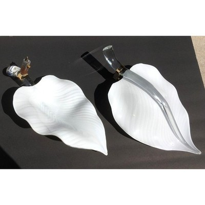 Pair Murano Barovier Italy White Art Glass Leaf Chandelier Lotus Shades