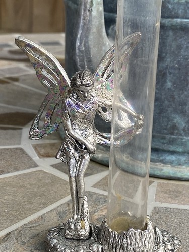 METZKE 🧚 PEWTER WINGED FAIRY GLASS BUD VASE FLOWER HOLDER 5" TALL 1993 VINTAGE