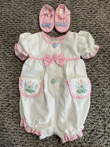 VTG Baby Romper Bubble With Shoes Blue Pink Blue Gingham 3/6 Months Unbranded
