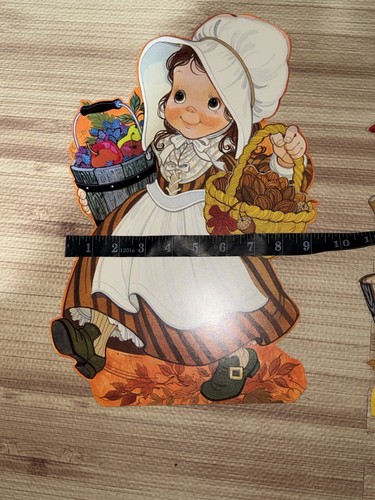 2 Vintage Thanksgiving Die Cut Pilgrim Boy & Girl Decorations Cardboard 2-sided - Picture 7 of 7