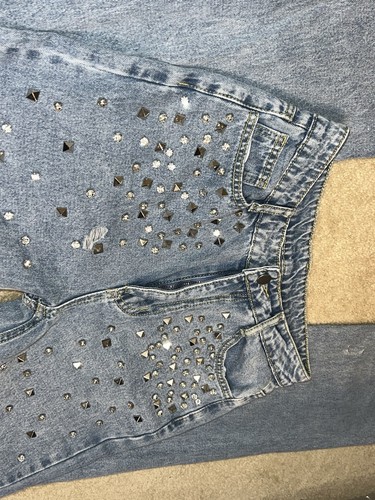 Studded Blue Jeans Size Small Straight Leg Destressed - Picture 4 of 17