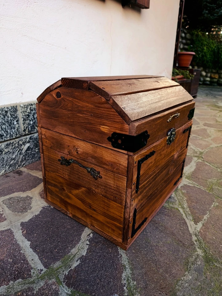 Baule Forziere In Legno Massello Scrigno Stile Pirati  Cm 48,5 X 36x Altezza 46 - Immagine 4 di 4