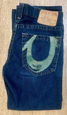 True Religion Mens Ricky Straight Leg Jeans Size 33 Dark Wash Made in USA Big T
