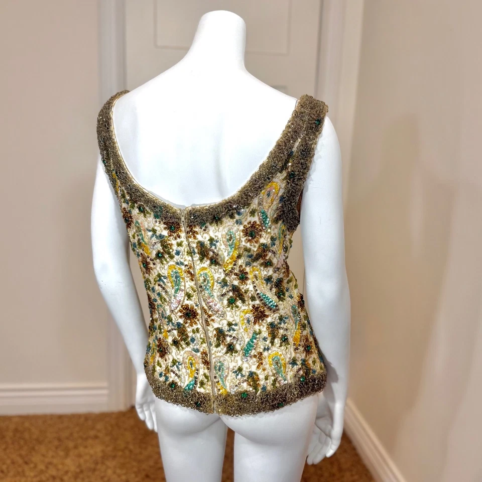 TOP de lentejuelas con cuentas a mano de alta costura vintage años 50 fiesta glamour aleta pasarela de Hollywood Foto 4 de 4
