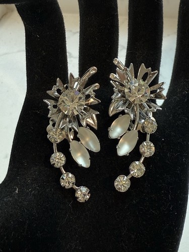 Vintage klare Strass Navette Hänger Ohrhänger Clip-On Ohrringe Statement 1 3/4" - Bild 5 von 11
