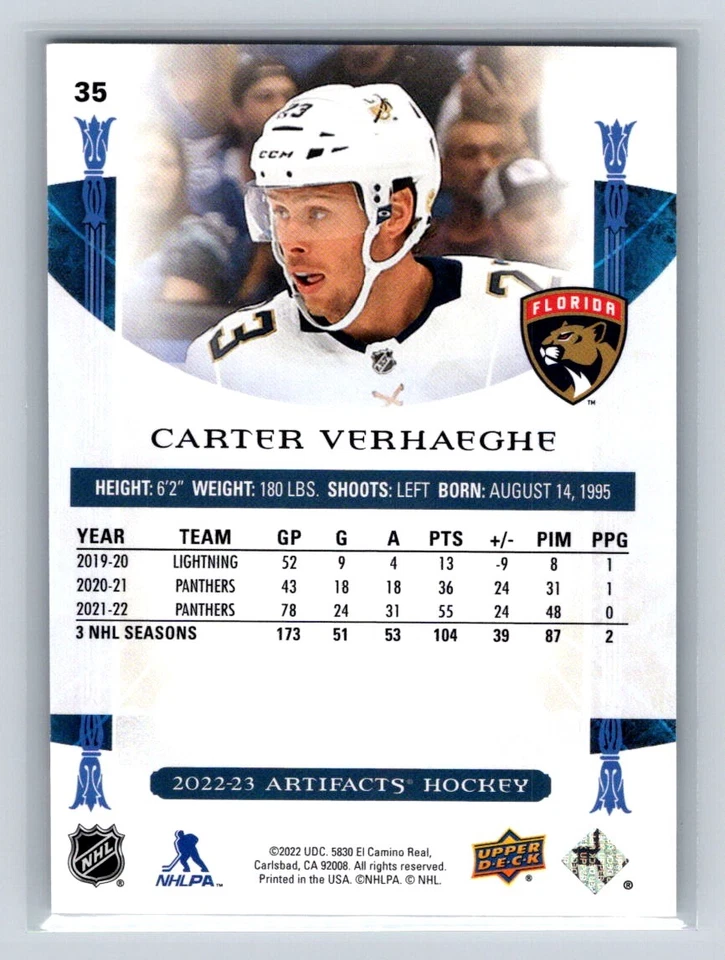 2022 Upper Deck Artifacts #35 Carter Verhaeghe /499 Florida Panthers - Image 2 of 2
