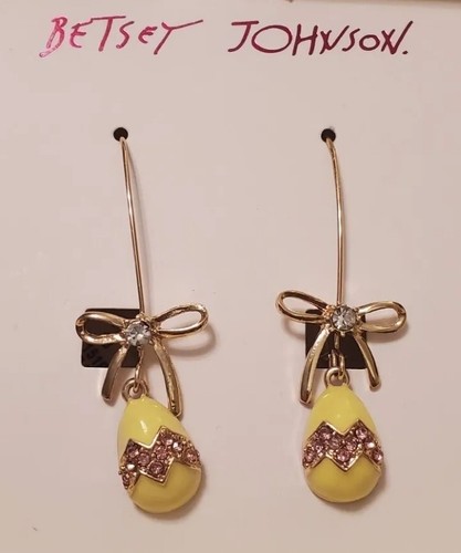 BETSEY JOHNSON Yellow Easter Egg Gold Tone Dangle Earrings *NEW IN BOX!* - Picture 2 of 5