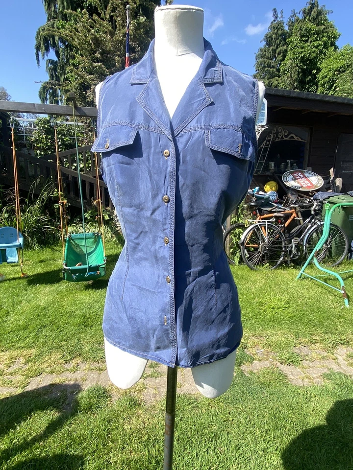 SIZE 10 VINTAGE 90s BLUE PURE 100% SILK BLOUSE SLEEVELESS ORANGE TRIPLE STITCH - Image 3 of 4