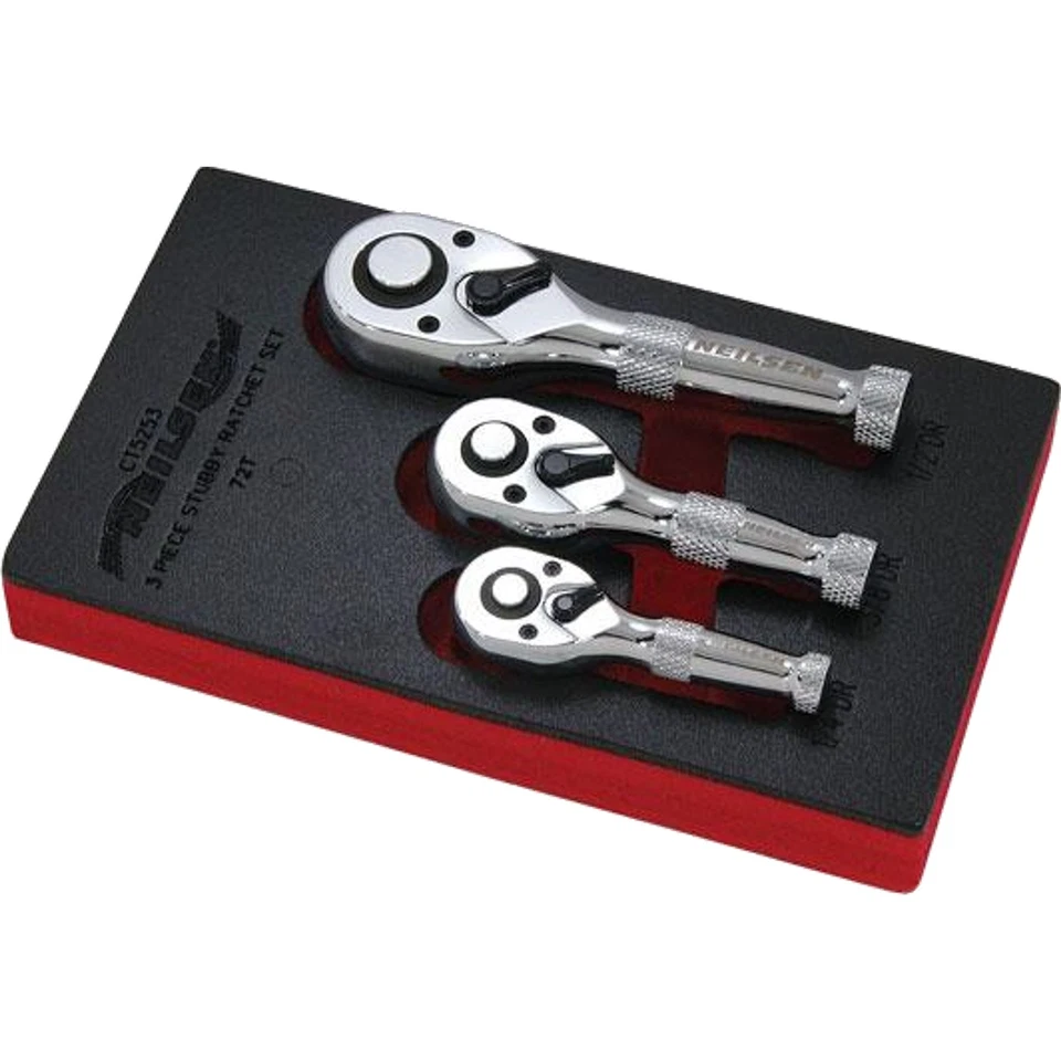Neilsen Stubby Socket Ratchet Handle Set 1/4" 3/8" 1/2" 72T Set In EVA Foam 3pc - Image 3 of 4